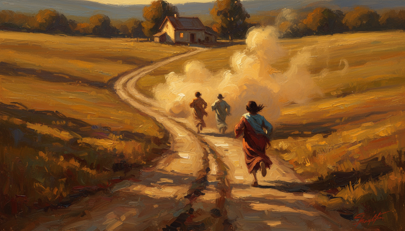 A dirt road toward a farmhouse, dust rising where someone has run