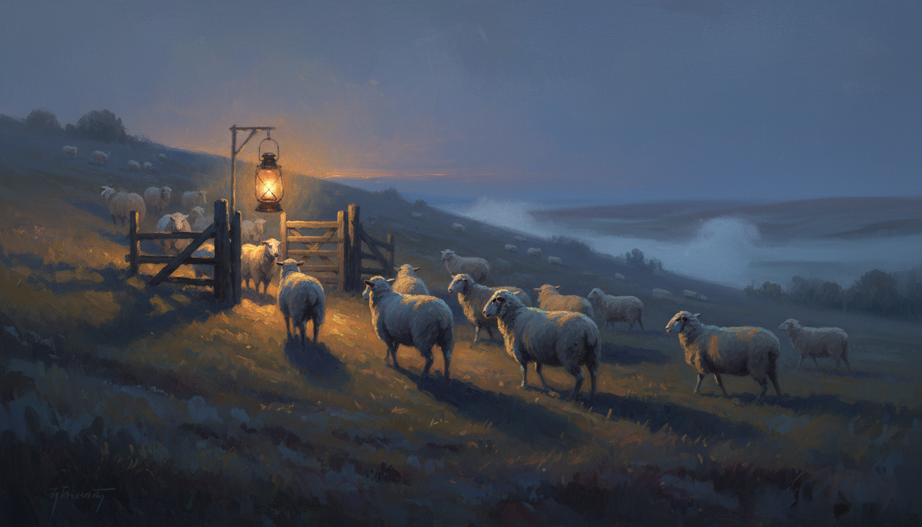 Sheep on a dusk hillside drawing toward a lantern