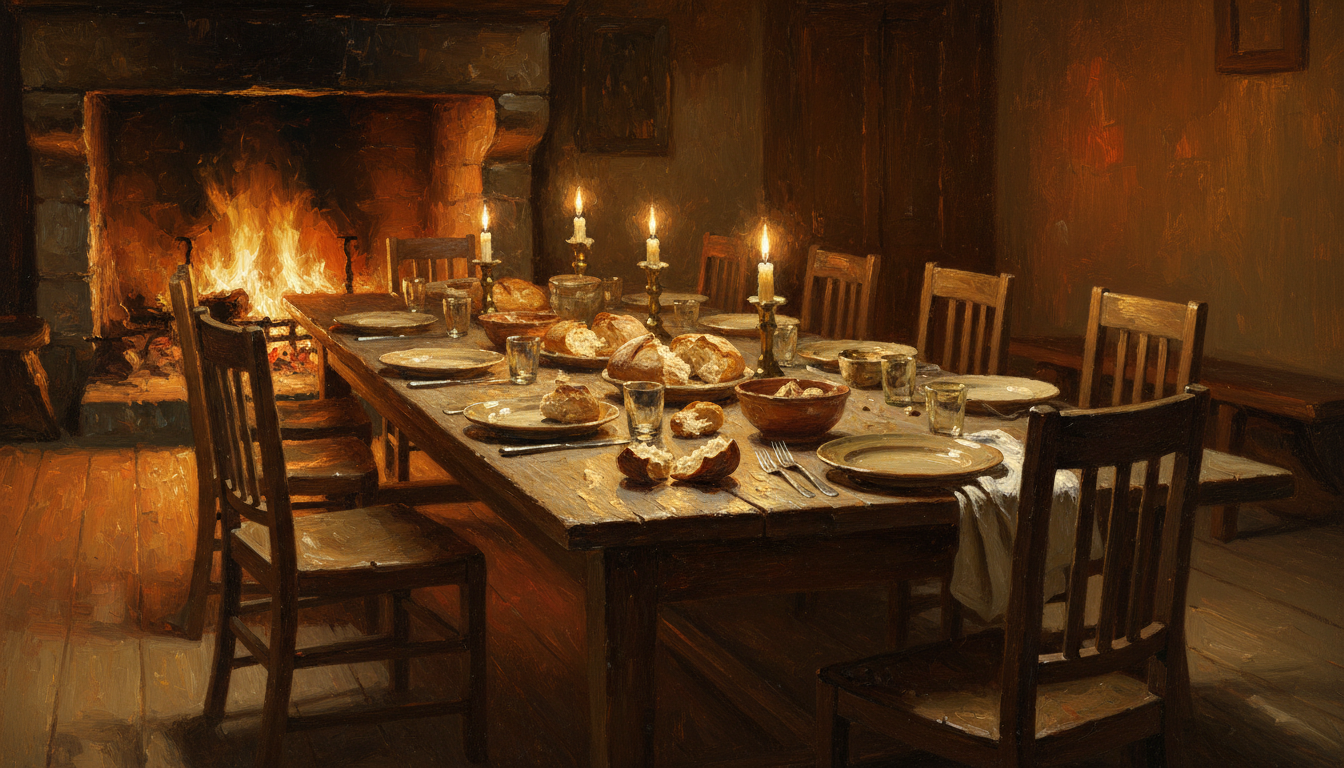A long table set for a meal, one extra chair being added