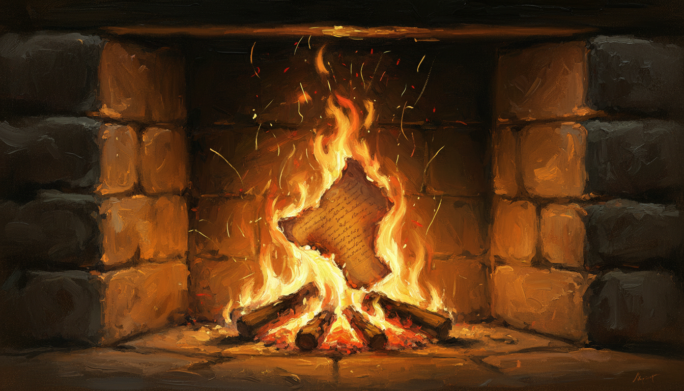 Torn ledger pages glowing at the edges in a hearth fire