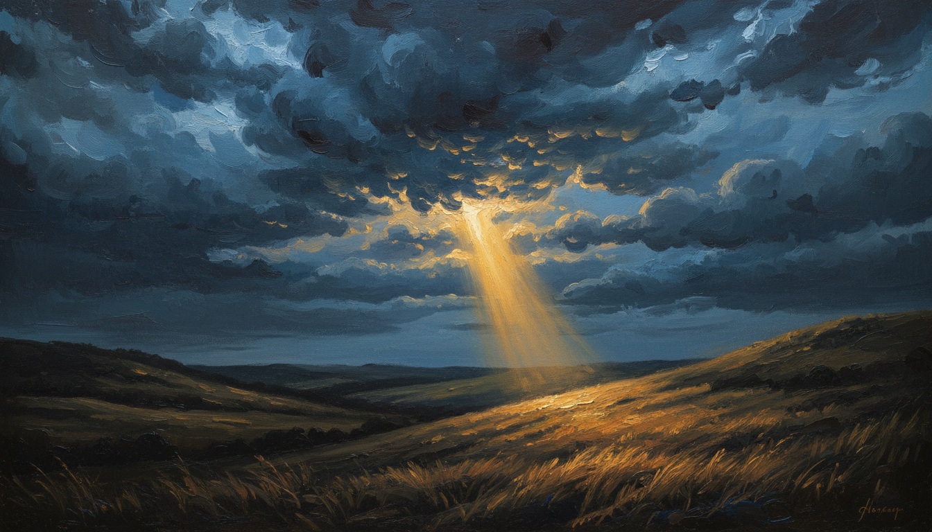 A storm sky torn open with one shaft of gold on bare hills
