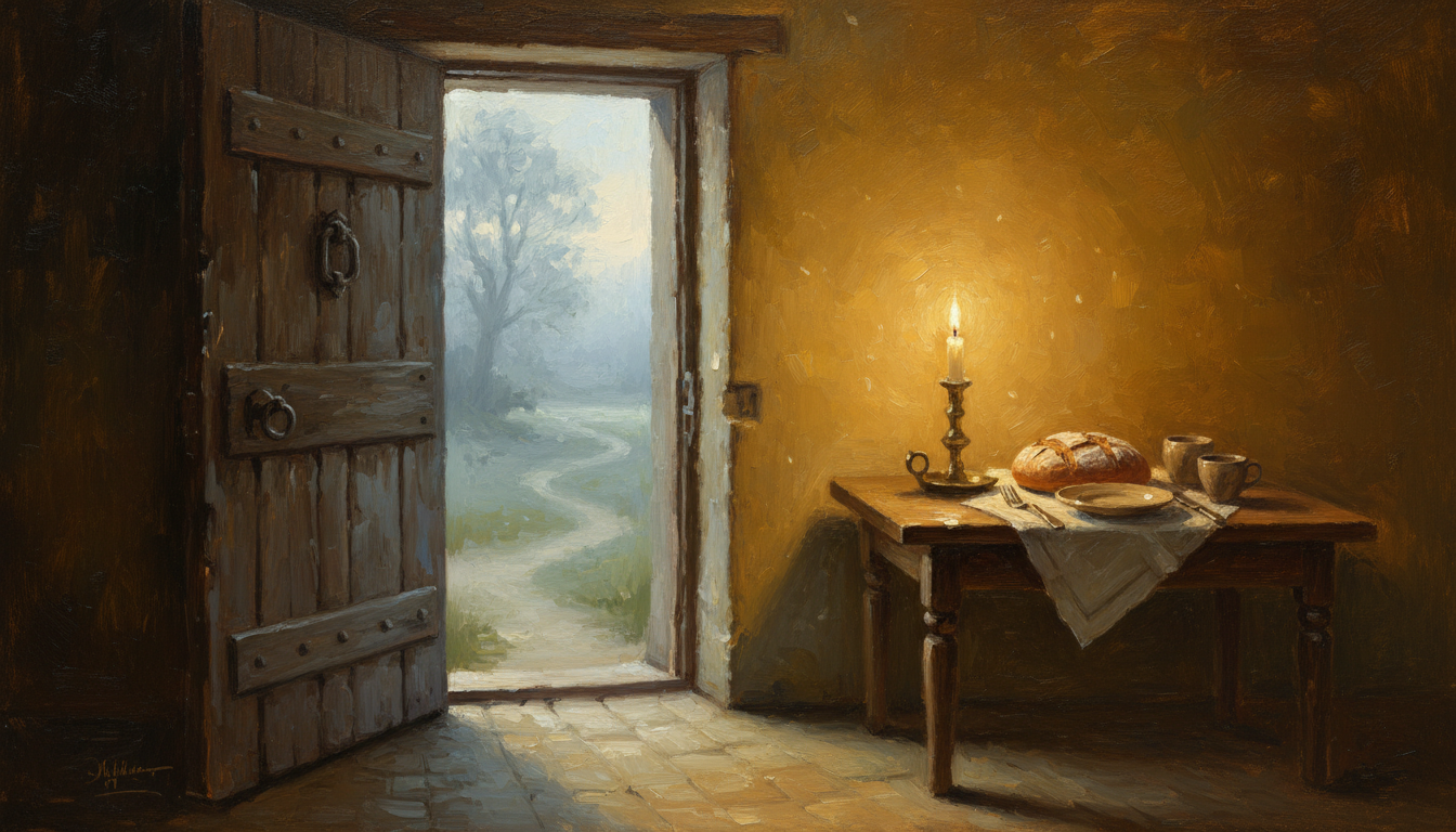 A wooden door open into a candlelit room, a place kept at the table